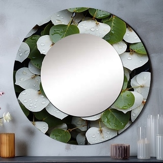 Designart "Green White Leafs Collage" Botanical Round Bathroom Mirror ...